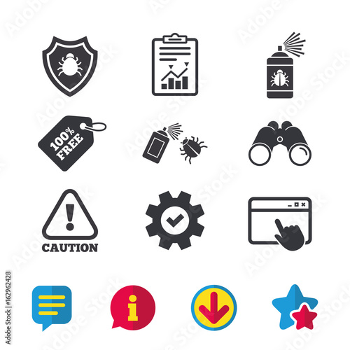 Bug disinfection icons. Caution attention and shield symbols. Insect fumigation spray sign. Browser window, Report and Service signs. Binoculars, Information and Download icons. Stars and Chat. Vector