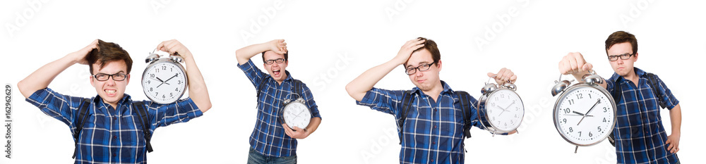 Student missing his studying deadlines on white Student missing his studying deadlines on white
