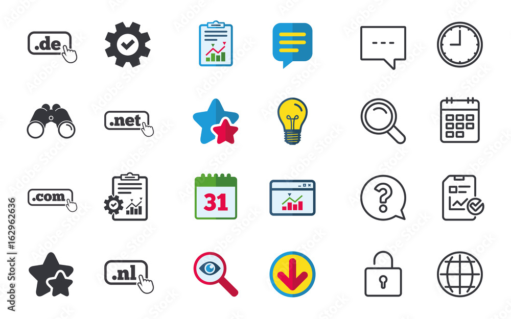 Top-level internet domain icons. De, Com, Net and Nl symbols with hand pointer. Unique national DNS names. Chat, Report and Calendar signs. Stars, Statistics and Download icons. Vector Top-level internet domain icons. De, Com, Net and Nl symbols with hand pointer. Unique national DNS names. Chat, Report and Calendar signs. Stars, Statistics and Download icons. Vector