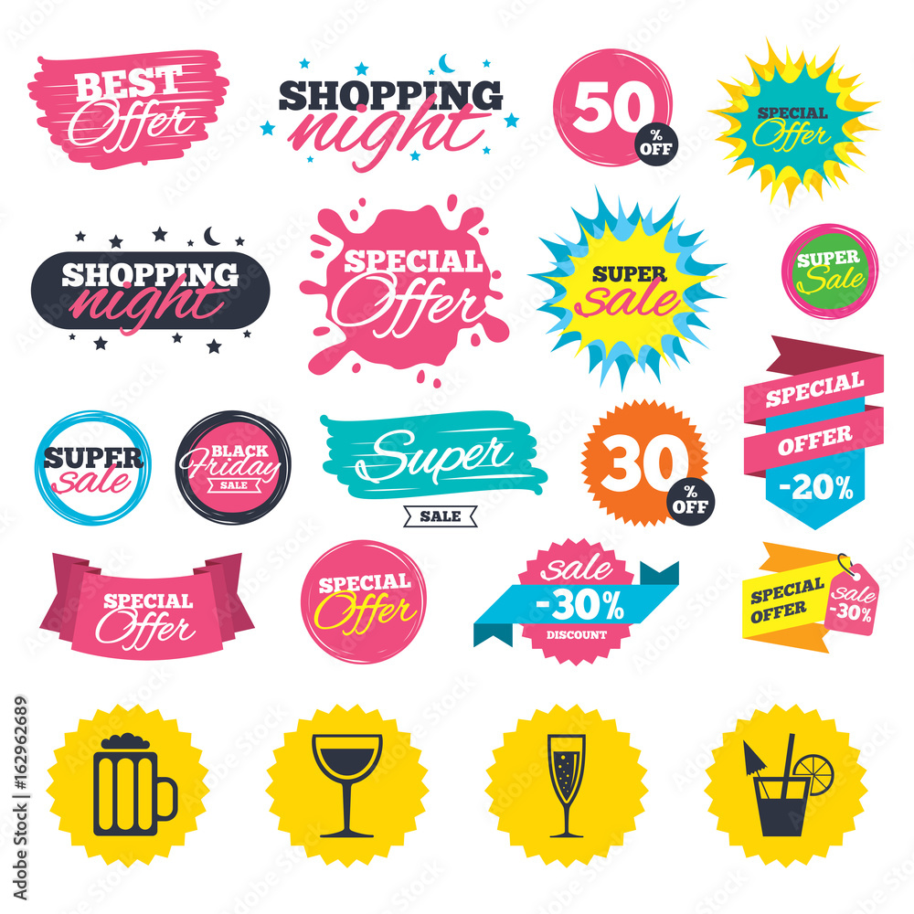 Sale shopping banners. Alcoholic drinks icons. Champagne sparkling wine with bubbles and beer symbols. Wine glass and cocktail signs. Web badges, splash and stickers. Best offer. Vector