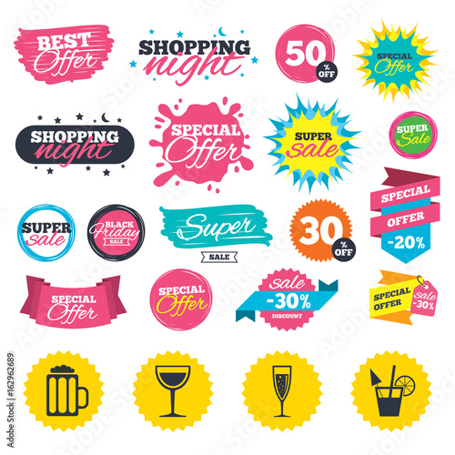 Sale shopping banners. Alcoholic drinks icons. Champagne sparkling wine with bubbles and beer symbols. Wine glass and cocktail signs. Web badges, splash and stickers. Best offer. Vector