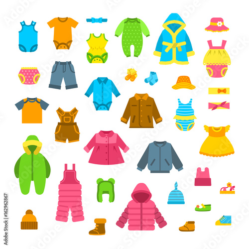 Baby clothes vector illustrations set. Newborn kid outfit flat icons. Little girl and boy clothing cartoon elements. Child fashion collection. Garments for all seasons. Apparel, underwear, hats, shoes