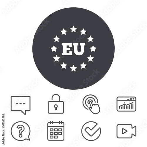 European union icon. EU stars symbol. Calendar, Locker and Speech bubble line signs. Video camera, Statistics and Question icons. Vector