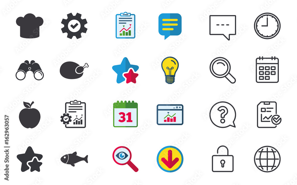 Food icons. Apple fruit with leaf symbol. Chicken hen bird meat sign. Fish and Chef hat icons. Chat, Report and Calendar signs. Stars, Statistics and Download icons. Question, Clock and Globe. Vector Food icons. Apple fruit with leaf symbol. Chicken hen bird meat sign. Fish and Chef hat icons. Chat, Report and Calendar signs. Stars, Statistics and Download icons. Question, Clock and Globe. Vector
