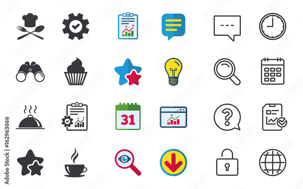 Food and drink icons. Muffin cupcake symbol. Fork and spoon with Chef hat sign. Hot coffee cup. Food platter serving. Chat, Report and Calendar signs. Stars, Statistics and Download icons. Vector Food and drink icons. Muffin cupcake symbol. Fork and spoon with Chef hat sign. Hot coffee cup. Food platter serving. Chat, Report and Calendar signs. Stars, Statistics and Download icons. Vector