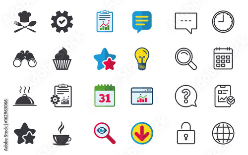 Food and drink icons. Muffin cupcake symbol. Fork and spoon with Chef hat sign. Hot coffee cup. Food platter serving. Chat, Report and Calendar signs. Stars, Statistics and Download icons. Vector