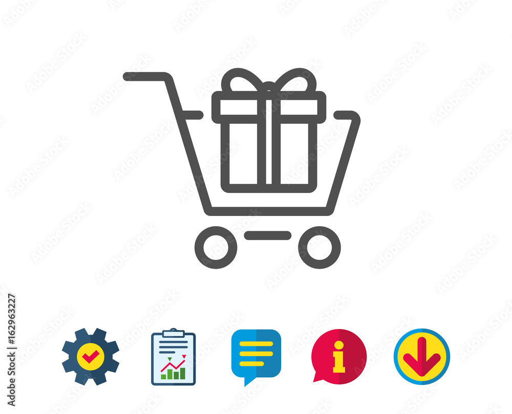 Shopping cart with Gift box line icon. Present or Sale sign. Birthday Shopping symbol. Package in Gift Wrap. Report, Service and Information line signs. Download, Speech bubble icons. Editable stroke Shopping cart with Gift box line icon. Present or Sale sign. Birthday Shopping symbol. Package in Gift Wrap. Report, Service and Information line signs. Download, Speech bubble icons. Editable stroke