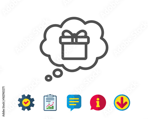 Dreaming of Gift line icon. Present box in Comic speech bubble sign. Birthday Shopping symbol. Package in Gift Wrap. Report, Service and Information line signs. Download, Speech bubble icons. Vector