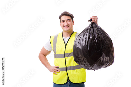 Foto Man with garbage sack isolated on white