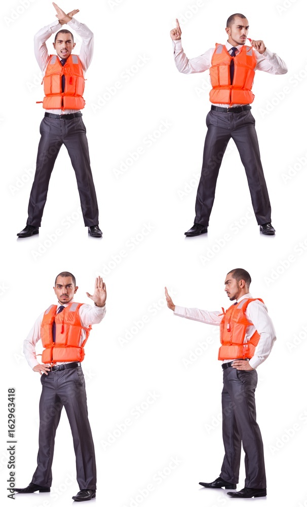 Obraz premium Businessman with rescue safety vest on white