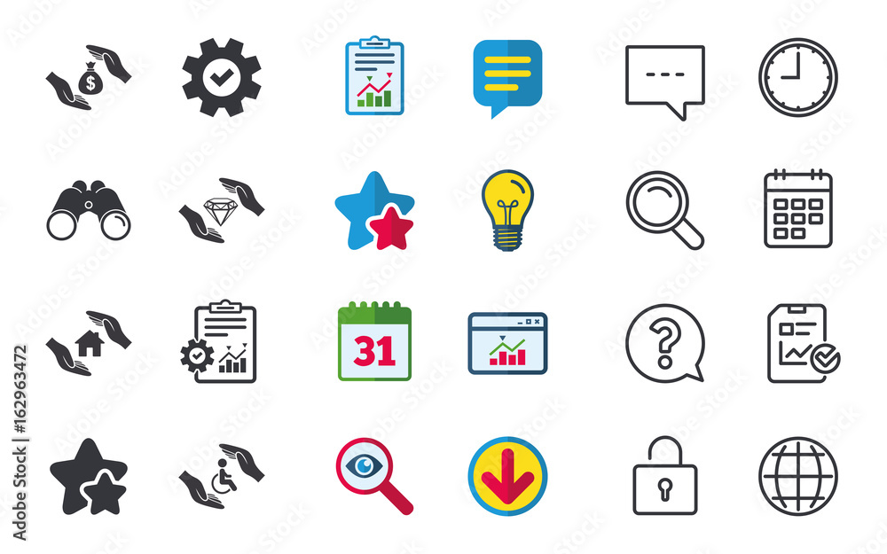 Hands insurance icons. Money bag savings insurance symbols. Disabled human help symbol. House property insurance sign. Chat, Report and Calendar signs. Stars, Statistics and Download icons. Vector Hands insurance icons. Money bag savings insurance symbols. Disabled human help symbol. House property insurance sign. Chat, Report and Calendar signs. Stars, Statistics and Download icons. Vector