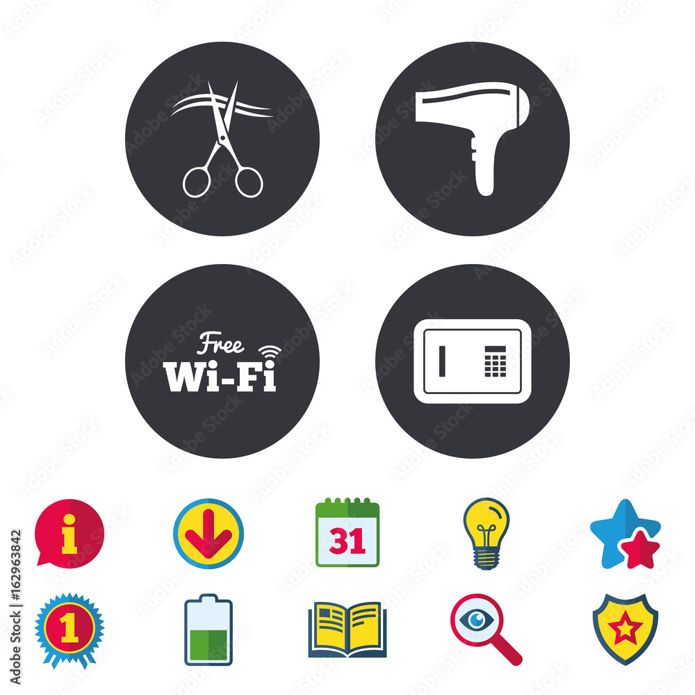 Hotel services icons. Wi-fi, Hairdryer and deposit lock in room signs. Wireless Network. Hairdresser or barbershop symbol. Calendar, Information and Download signs. Stars, Award and Book icons Hotel services icons. Wi-fi, Hairdryer and deposit lock in room signs. Wireless Network. Hairdresser or barbershop symbol. Calendar, Information and Download signs. Stars, Award and Book icons