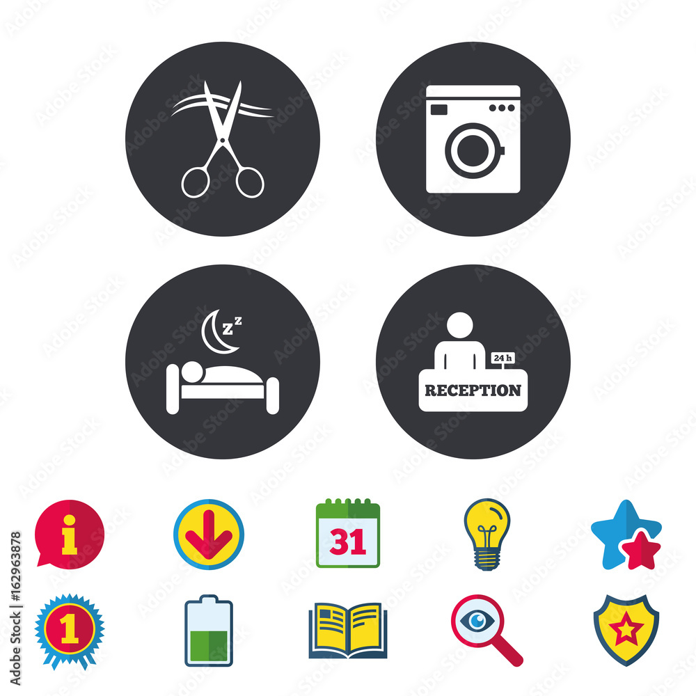Hotel services icons. Washing machine or laundry sign. Hairdresser or barbershop symbol. Reception registration table. Quiet sleep. Calendar, Information and Download signs. Vector Hotel services icons. Washing machine or laundry sign. Hairdresser or barbershop symbol. Reception registration table. Quiet sleep. Calendar, Information and Download signs. Vector