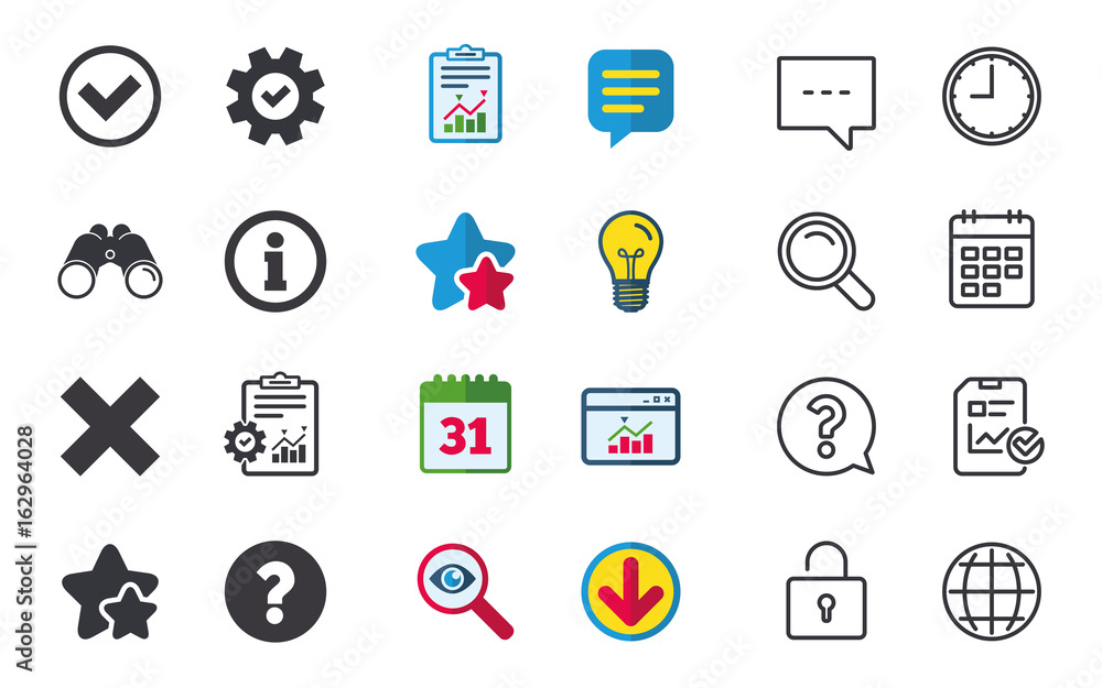 Information icons. Delete and question FAQ mark signs. Approved check mark symbol. Chat, Report and Calendar signs. Stars, Statistics and Download icons. Question, Clock and Globe. Vector Information icons. Delete and question FAQ mark signs. Approved check mark symbol. Chat, Report and Calendar signs. Stars, Statistics and Download icons. Question, Clock and Globe. Vector