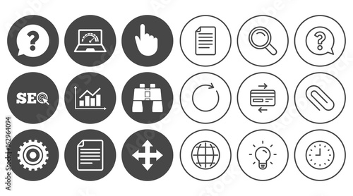 Internet, seo icons. Analysis chart, page and computer signs. Question speech bubble symbol. Document, Globe and Clock line signs. Lamp, Magnifier and Paper clip icons. Vector