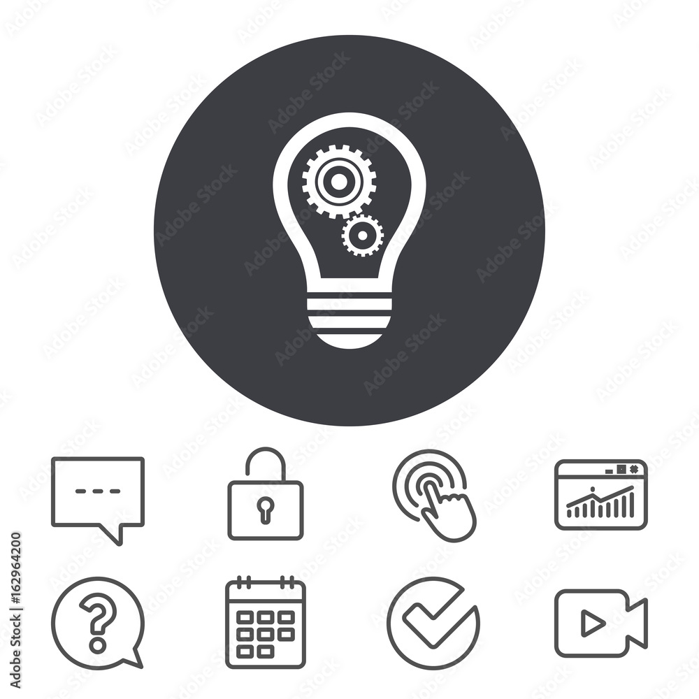 Light lamp sign icon. Bulb with gears and cogs symbol. Idea symbol. Calendar, Locker and Speech bubble line signs. Video camera, Statistics and Question icons. Vector Light lamp sign icon. Bulb with gears and cogs symbol. Idea symbol. Calendar, Locker and Speech bubble line signs. Video camera, Statistics and Question icons. Vector