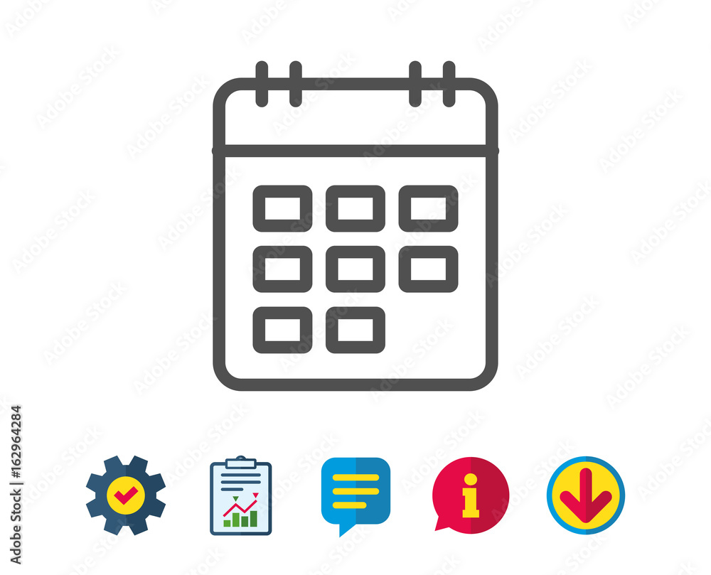 Calendar line icon. Event reminder sign. Agenda symbol. Report, Service and Information line signs. Download, Speech bubble icons. Editable stroke. Vector Calendar line icon. Event reminder sign. Agenda symbol. Report, Service and Information line signs. Download, Speech bubble icons. Editable stroke. Vector