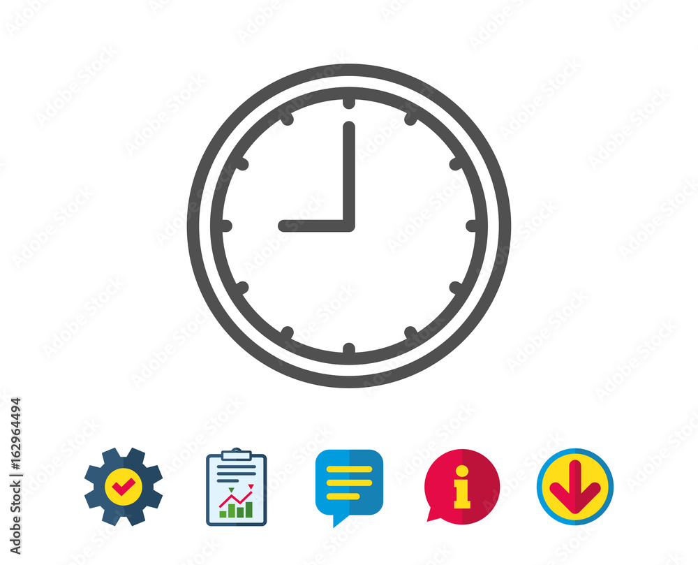 Clock line icon. Time sign. Office Watch or Timer symbol. Report, Service and Information line signs. Download, Speech bubble icons. Editable stroke. Vector Clock line icon. Time sign. Office Watch or Timer symbol. Report, Service and Information line signs. Download, Speech bubble icons. Editable stroke. Vector