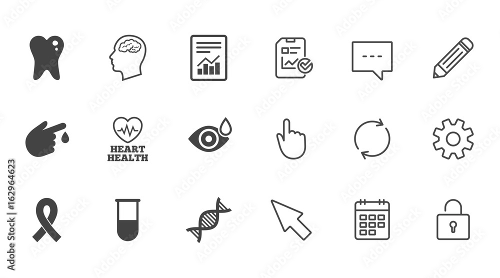 Medicine, medical health and diagnosis icons. Blood test, dna and neurology signs. Tooth, report symbols. Chat, Report and Calendar line signs. Service, Pencil and Locker icons. Vector Medicine, medical health and diagnosis icons. Blood test, dna and neurology signs. Tooth, report symbols. Chat, Report and Calendar line signs. Service, Pencil and Locker icons. Vector