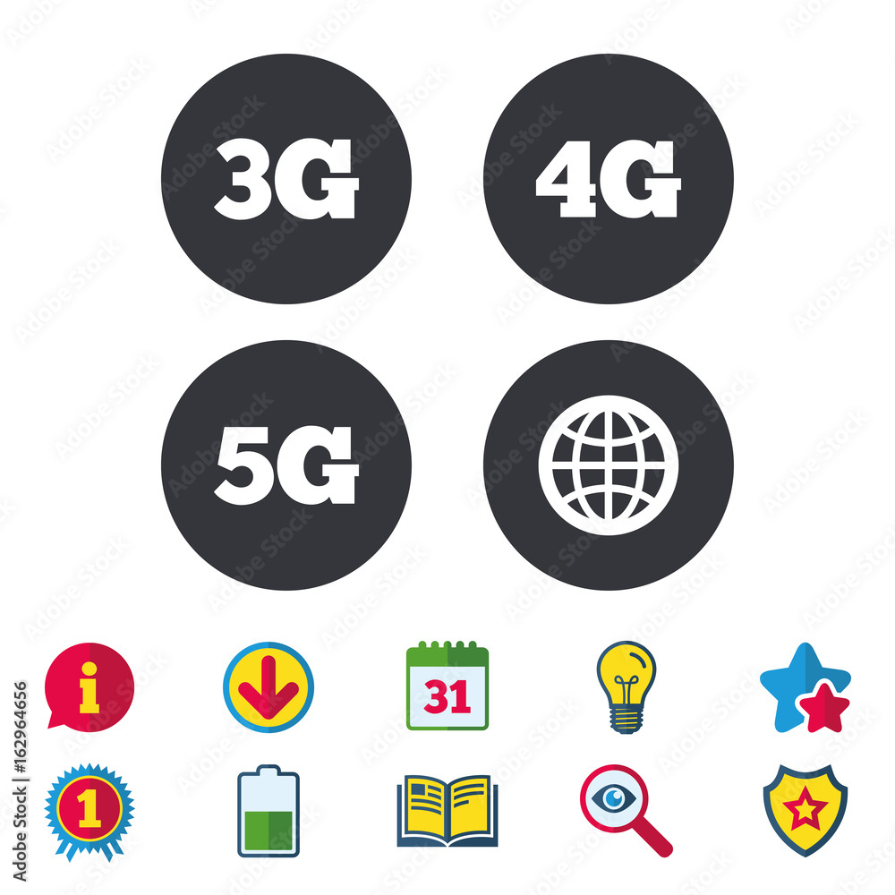 Mobile telecommunications icons. 3G, 4G and 5G technology symbols. World globe sign. Calendar, Information and Download signs. Stars, Award and Book icons. Light bulb, Shield and Search. Vector
