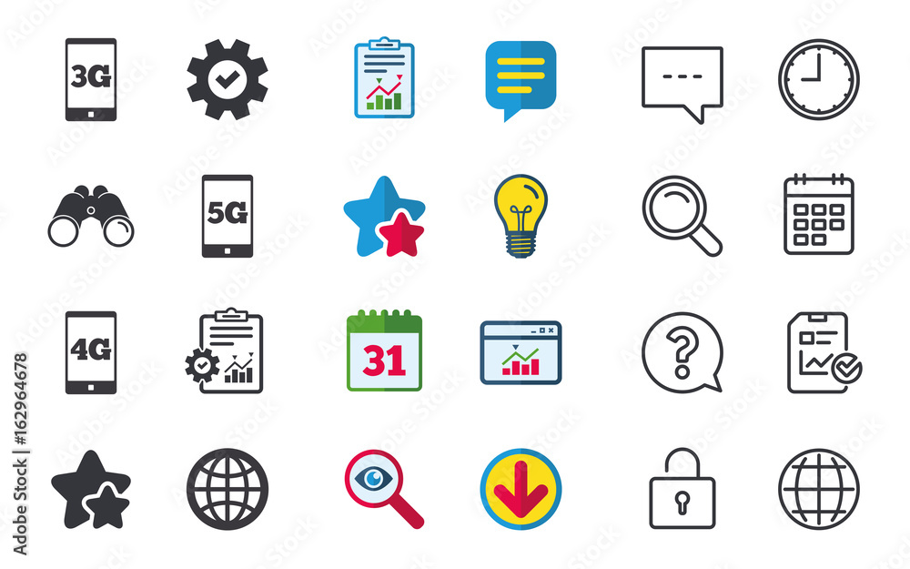 Mobile telecommunications icons. 3G, 4G and 5G technology symbols. World globe sign. Chat, Report and Calendar signs. Stars, Statistics and Download icons. Question, Clock and Globe. Vector Mobile telecommunications icons. 3G, 4G and 5G technology symbols. World globe sign. Chat, Report and Calendar signs. Stars, Statistics and Download icons. Question, Clock and Globe. Vector