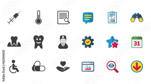 Medicine, medical health and diagnosis icons. Capsules, syringe and doctor signs. Tooth parodontosis, disabled person symbols. Calendar, Report and Download signs. Stars, Service and Search icons