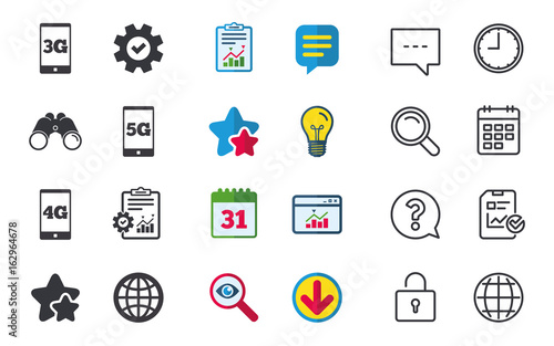 Mobile telecommunications icons. 3G, 4G and 5G technology symbols. World globe sign. Chat, Report and Calendar signs. Stars, Statistics and Download icons. Question, Clock and Globe. Vector