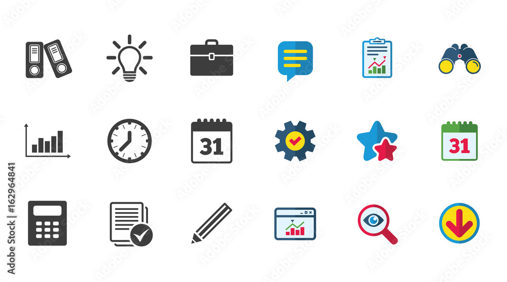 Office, documents and business icons. Accounting, calculator and case signs. Ideas, calendar and statistics symbols. Calendar, Report and Download signs. Stars, Service and Search icons. Vector