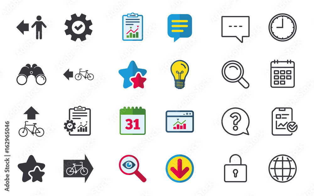 Pedestrian road icon. Bicycle path trail sign. Cycle path. Arrow symbol. Chat, Report and Calendar signs. Stars, Statistics and Download icons. Question, Clock and Globe. Vector Pedestrian road icon. Bicycle path trail sign. Cycle path. Arrow symbol. Chat, Report and Calendar signs. Stars, Statistics and Download icons. Question, Clock and Globe. Vector