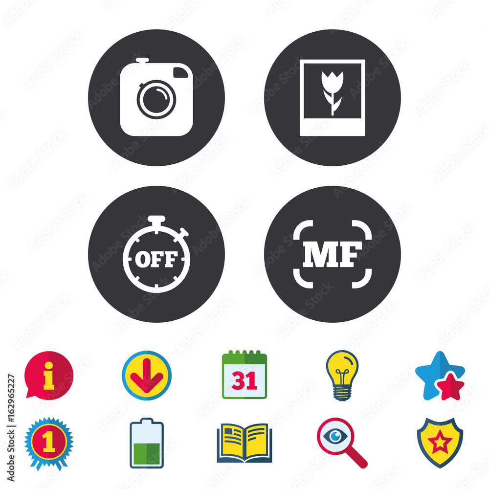 Hipster retro photo camera icon. Manual focus symbols. Stopwatch timer off sign. Macro symbol. Calendar, Information and Download signs. Stars, Award and Book icons. Light bulb, Shield and Search Hipster retro photo camera icon. Manual focus symbols. Stopwatch timer off sign. Macro symbol. Calendar, Information and Download signs. Stars, Award and Book icons. Light bulb, Shield and Search