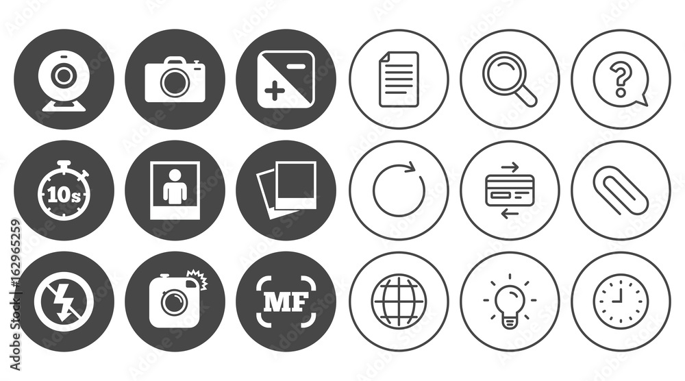 Photo, video icons. Web camera, photos and frame signs. No flash, timer and portrait symbols. Document, Globe and Clock line signs. Lamp, Magnifier and Paper clip icons. Vector Photo, video icons. Web camera, photos and frame signs. No flash, timer and portrait symbols. Document, Globe and Clock line signs. Lamp, Magnifier and Paper clip icons. Vector