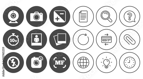 Photo, video icons. Web camera, photos and frame signs. No flash, timer and portrait symbols. Document, Globe and Clock line signs. Lamp, Magnifier and Paper clip icons. Vector
