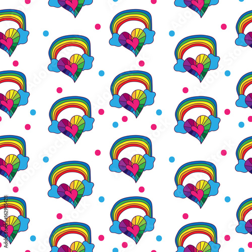 Seamless pattern with little love symbol with rainbow and cloud