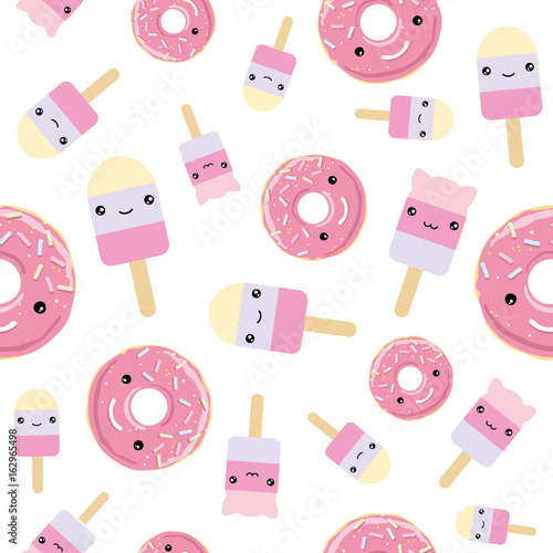 Seamless pattern. cute kawaii styled ice cream and pink glazed donuts.