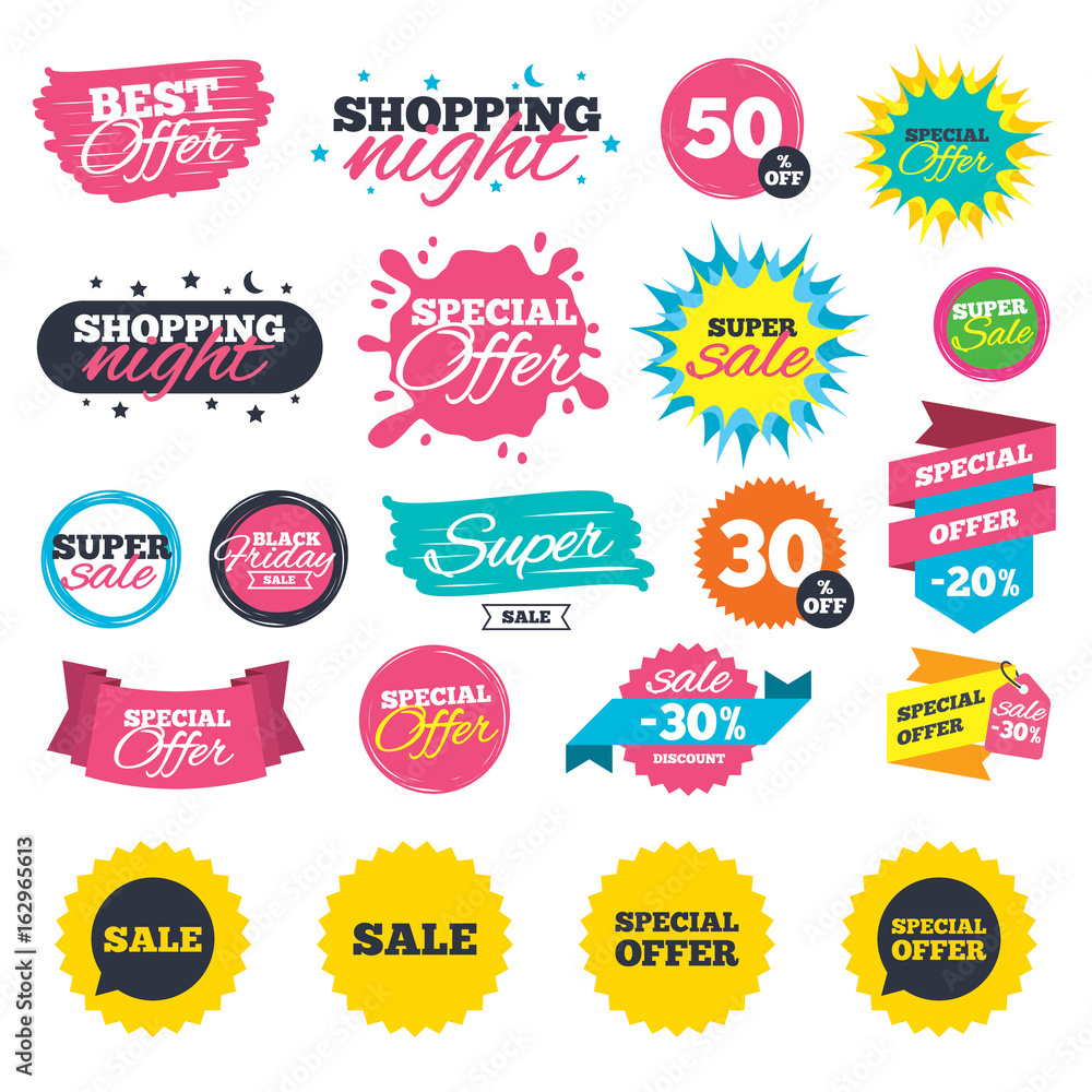 Naklejka premium Sale shopping banners. Sale icons. Special offer speech bubbles symbols. Shopping signs. Web badges, splash and stickers. Best offer. Vector