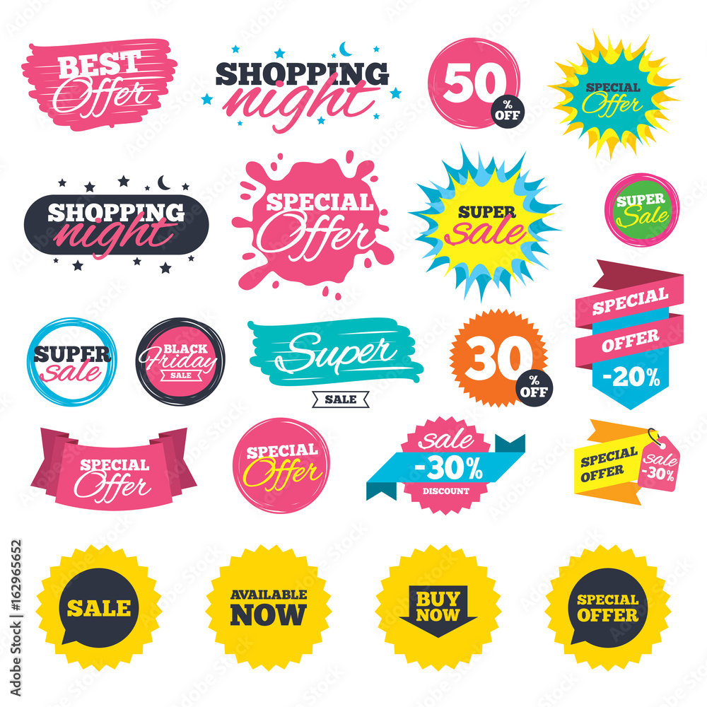 Obraz premium Sale shopping banners. Sale icons. Special offer speech bubbles symbols. Buy now arrow shopping signs. Available now. Web badges, splash and stickers. Best offer. Vector