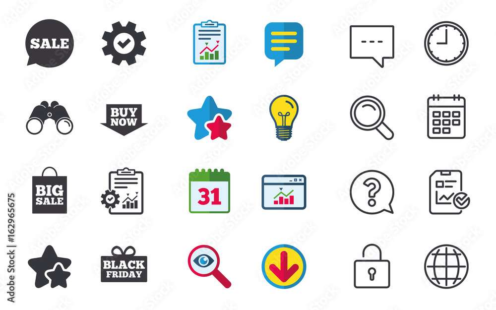 Sale speech bubble icons. Buy now arrow symbols. Black friday gift box signs. Big sale shopping bag. Chat, Report and Calendar signs. Stars, Statistics and Download icons. Question, Clock and Globe Sale speech bubble icons. Buy now arrow symbols. Black friday gift box signs. Big sale shopping bag. Chat, Report and Calendar signs. Stars, Statistics and Download icons. Question, Clock and Globe