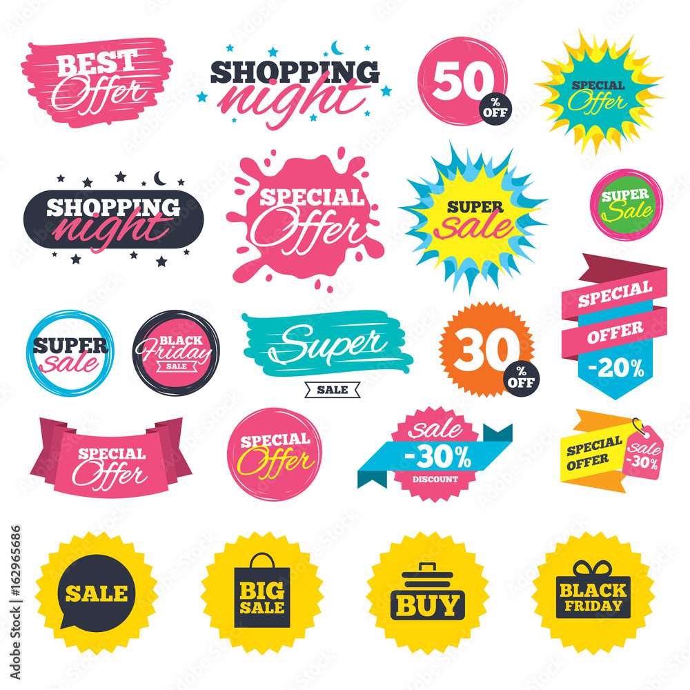 Sale shopping banners. Sale speech bubble icons. Buy cart symbols. Black friday gift box signs. Big sale shopping bag. Web badges, splash and stickers. Best offer. Vector