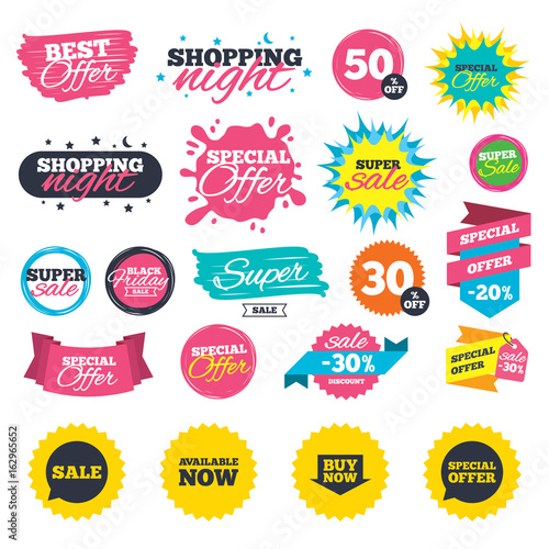 Sale shopping banners. Sale icons. Special offer speech bubbles symbols. Buy now arrow shopping signs. Available now. Web badges, splash and stickers. Best offer. Vector