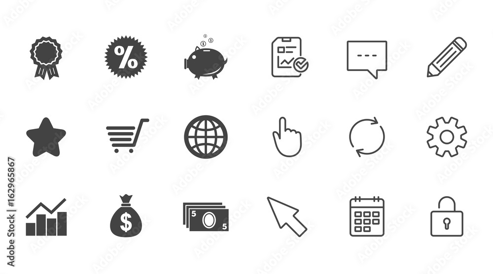 Online shopping, e-commerce and business icons. Piggy bank, award and star signs. Cash money, discount and statistics symbols. Chat, Report and Calendar line signs. Service, Pencil and Locker icons Online shopping, e-commerce and business icons. Piggy bank, award and star signs. Cash money, discount and statistics symbols. Chat, Report and Calendar line signs. Service, Pencil and Locker icons