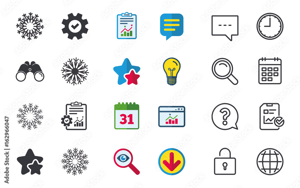 Fototapeta premium Snowflakes artistic icons. Air conditioning signs. Christmas and New year winter symbols. Chat, Report and Calendar signs. Stars, Statistics and Download icons. Question, Clock and Globe. Vector
