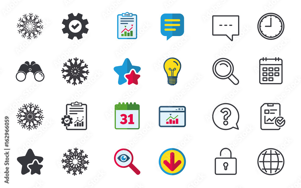 Snowflakes artistic icons. Air conditioning signs. Christmas and New year winter symbols. Frozen weather. Chat, Report and Calendar signs. Stars, Statistics and Download icons. Vector Snowflakes artistic icons. Air conditioning signs. Christmas and New year winter symbols. Frozen weather. Chat, Report and Calendar signs. Stars, Statistics and Download icons. Vector