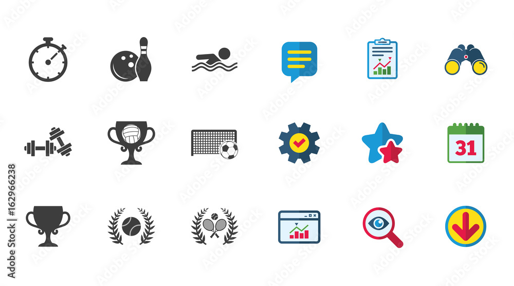 Sport games, fitness icons. Football, tennis and volleyball signs. Swimming, timer and bowling symbols. Calendar, Report and Download signs. Stars, Service and Search icons. Vector