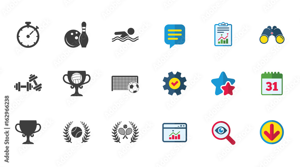 Sport games, fitness icons. Football, tennis and volleyball signs. Swimming, timer and bowling symbols. Calendar, Report and Download signs. Stars, Service and Search icons. Vector Sport games, fitness icons. Football, tennis and volleyball signs. Swimming, timer and bowling symbols. Calendar, Report and Download signs. Stars, Service and Search icons. Vector