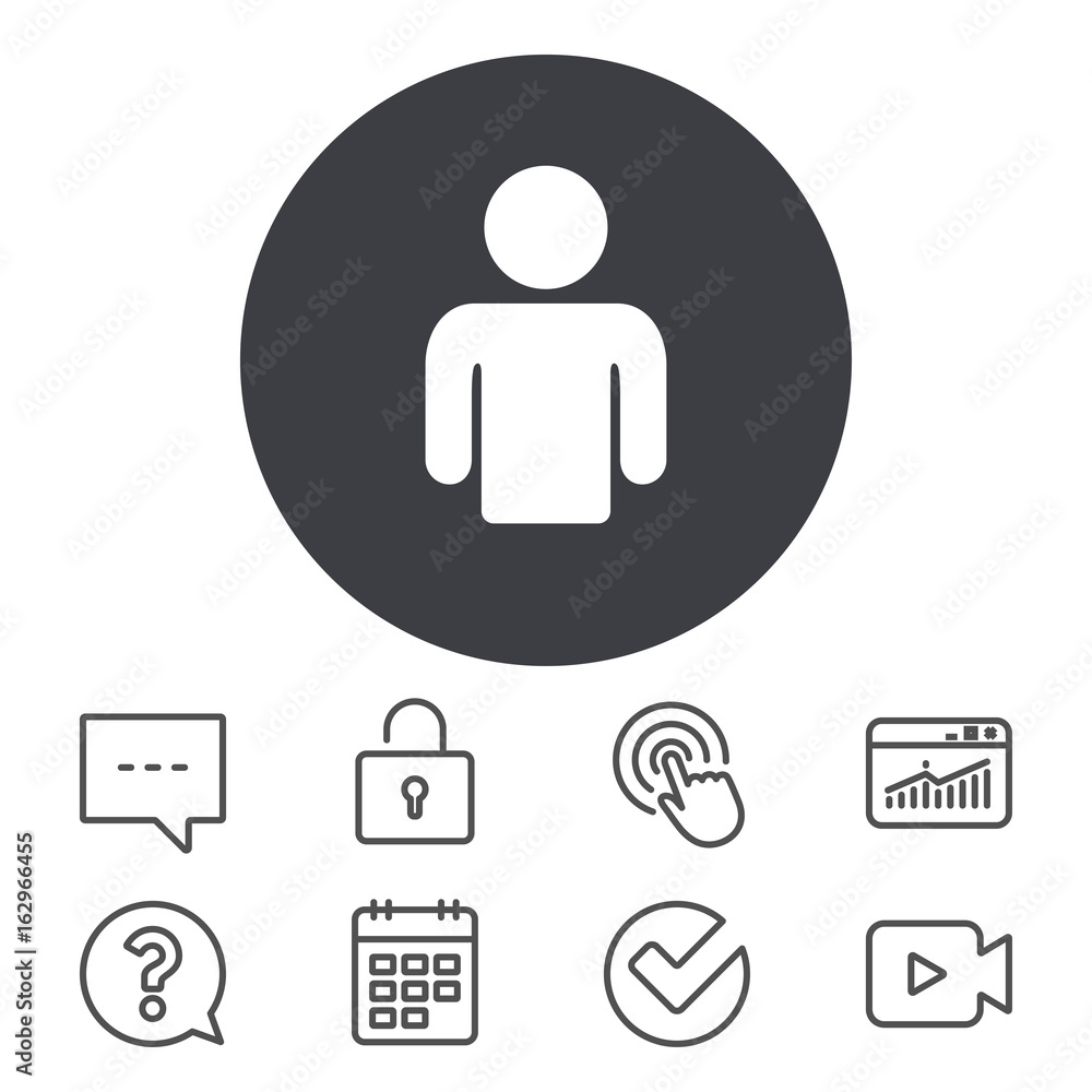 User sign icon. Person symbol. Human avatar. Calendar, Locker and Speech bubble line signs. Video camera, Statistics and Question icons. Vector User sign icon. Person symbol. Human avatar. Calendar, Locker and Speech bubble line signs. Video camera, Statistics and Question icons. Vector