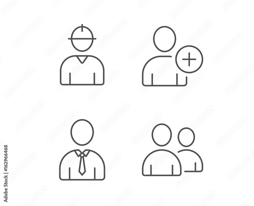 Users Group, Engineer and Businessman line icons. Add Person symbol. Quality design elements. Editable stroke. Vector Users Group, Engineer and Businessman line icons. Add Person symbol. Quality design elements. Editable stroke. Vector