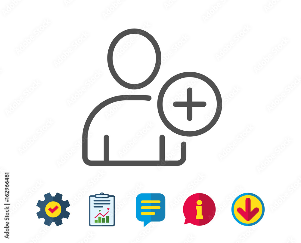 Add User line icon. Profile Avatar sign. Person silhouette symbol. Report, Service and Information line signs. Download, Speech bubble icons. Editable stroke. Vector Add User line icon. Profile Avatar sign. Person silhouette symbol. Report, Service and Information line signs. Download, Speech bubble icons. Editable stroke. Vector