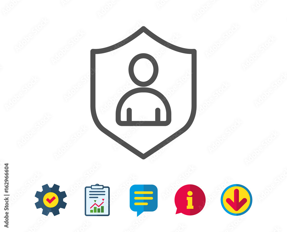 User Protection line icon. Profile Avatar with shield sign. Person silhouette symbol. Report, Service and Information line signs. Download, Speech bubble icons. Editable stroke. Vector User Protection line icon. Profile Avatar with shield sign. Person silhouette symbol. Report, Service and Information line signs. Download, Speech bubble icons. Editable stroke. Vector