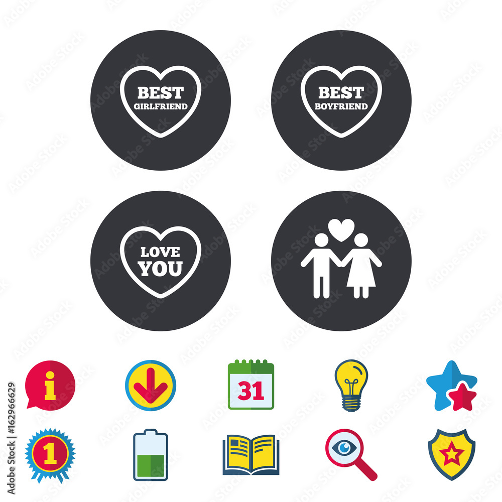 Valentine day love icons. Best girlfriend and boyfriend symbol. Couple lovers sign. Calendar, Information and Download signs. Stars, Award and Book icons. Light bulb, Shield and Search. Vector Valentine day love icons. Best girlfriend and boyfriend symbol. Couple lovers sign. Calendar, Information and Download signs. Stars, Award and Book icons. Light bulb, Shield and Search. Vector