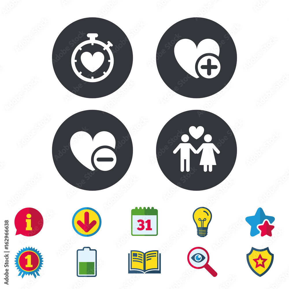 Valentine day love icons. Love heart timer symbol. Couple lovers sign. Add new love relationship. Calendar, Information and Download signs. Stars, Award and Book icons. Light bulb, Shield and Search Valentine day love icons. Love heart timer symbol. Couple lovers sign. Add new love relationship. Calendar, Information and Download signs. Stars, Award and Book icons. Light bulb, Shield and Search